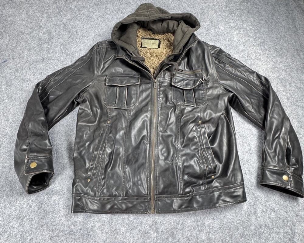 Vintage Sonoma Men's Faux Leather & Fur Brown Size XL Jacket Doube Zip Hoodie
